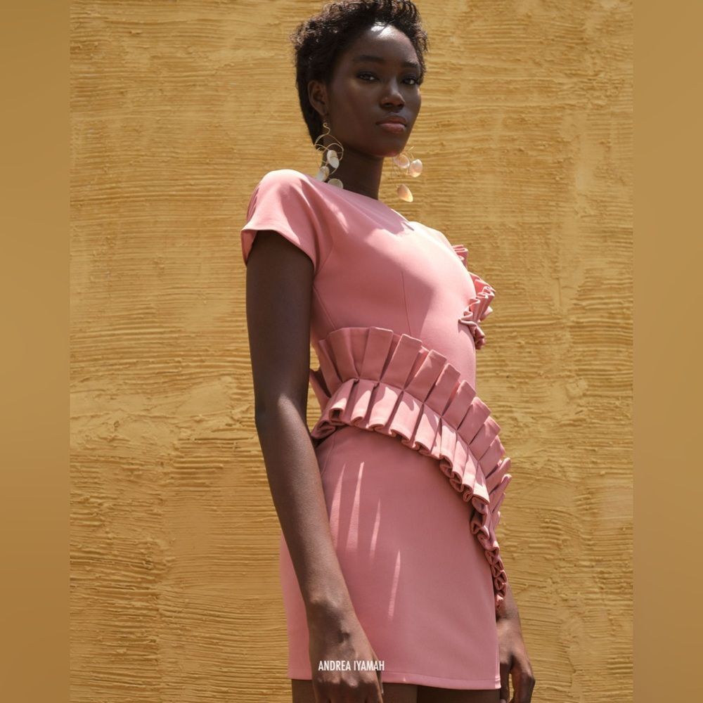 Andrea Iyamah Safia Mini Dress Rose Pink Size Small (US 6-8) Bodycon Ruffle NWT